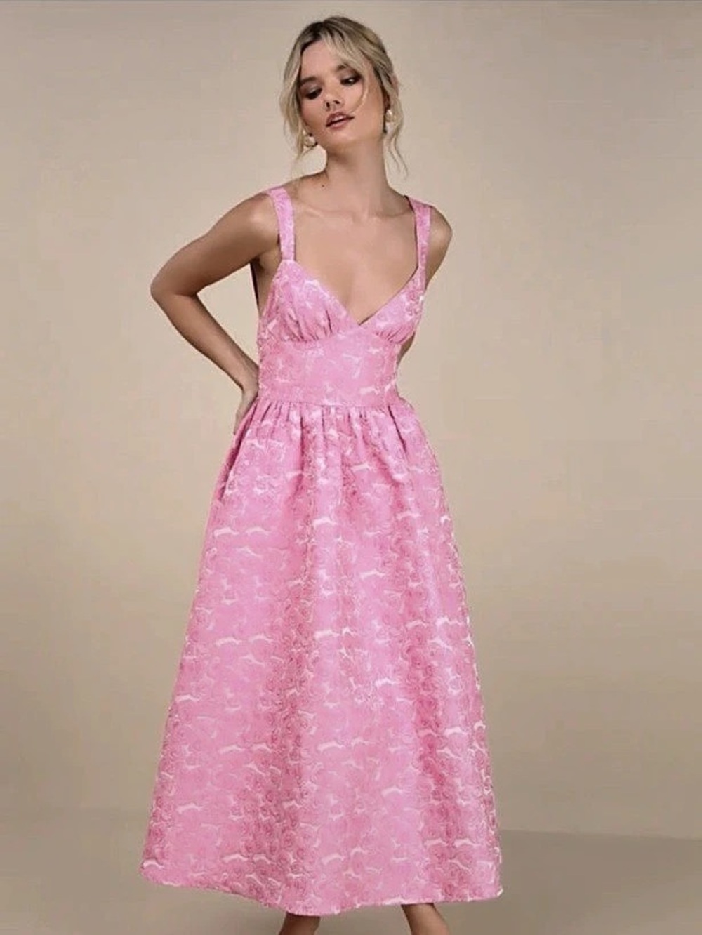 Lulus Avalie Pink Floral Jacquard Tiered Bustier Midi Dress